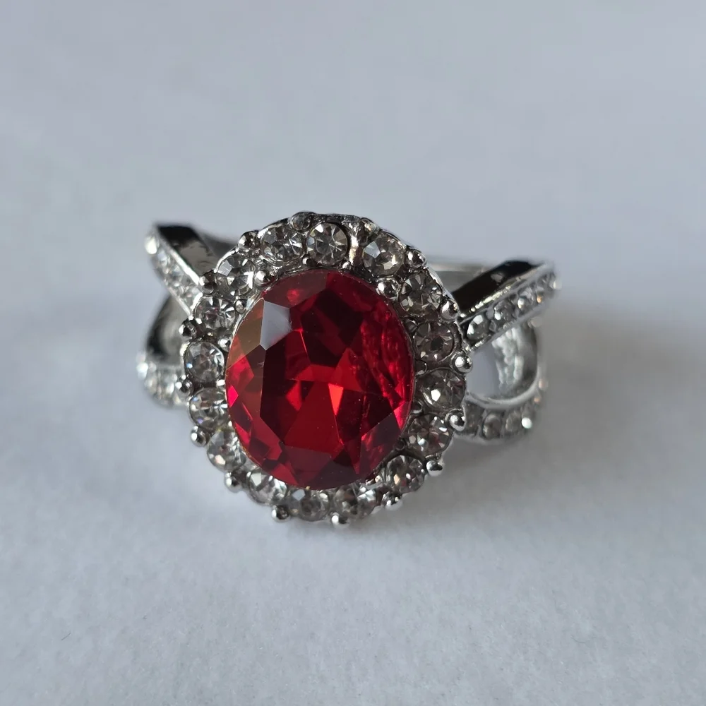 Ruby Red Halo Ring Split Shank Fashion Jewelry Faux Gemstone And Diamonds